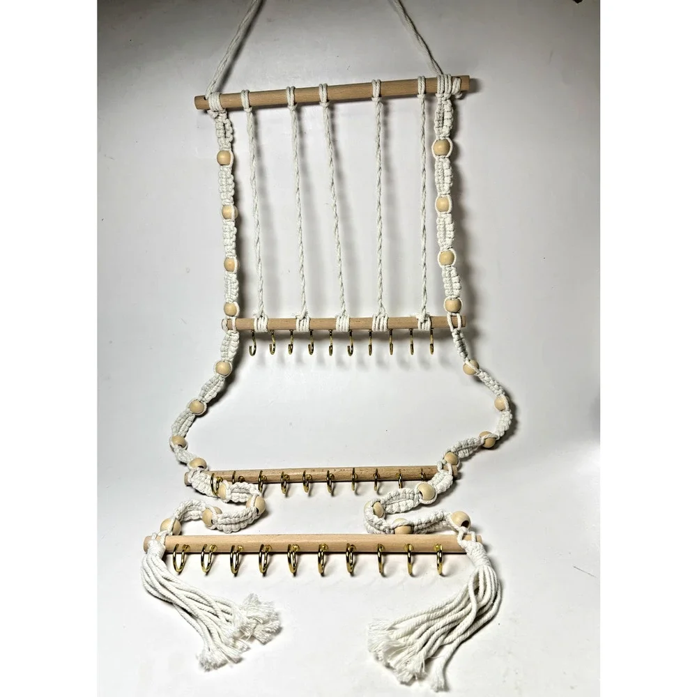 Beaded Macrame Hanging Jewelry Organizer 30-Hook Wall Necklace Bows Holder Boho
